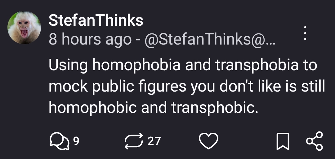 Using homophobia and transphobia to mock public figures you don't like is still homophobic and transphobic.