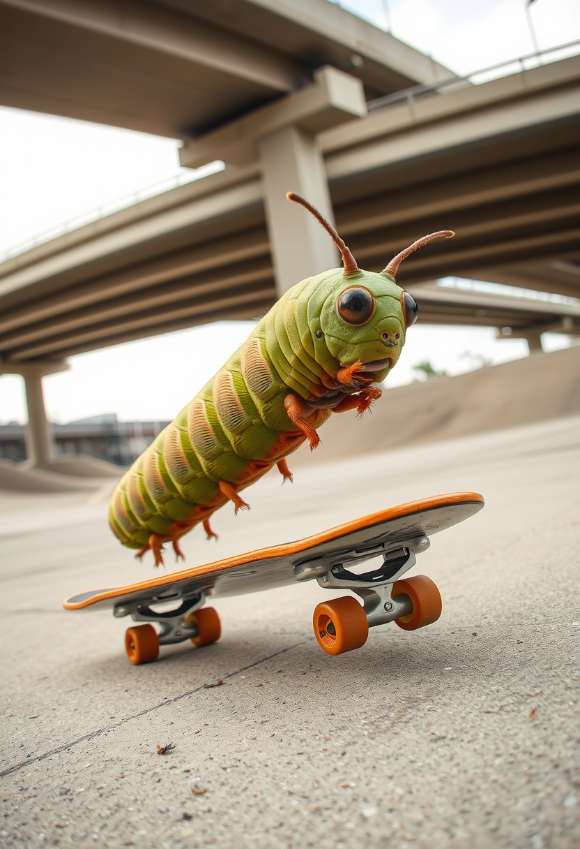 A large, green caterpillar with large eyes and orange antennae riding a skateboard. The setting is an outdoor concrete area with multiple overpasses in the background. 