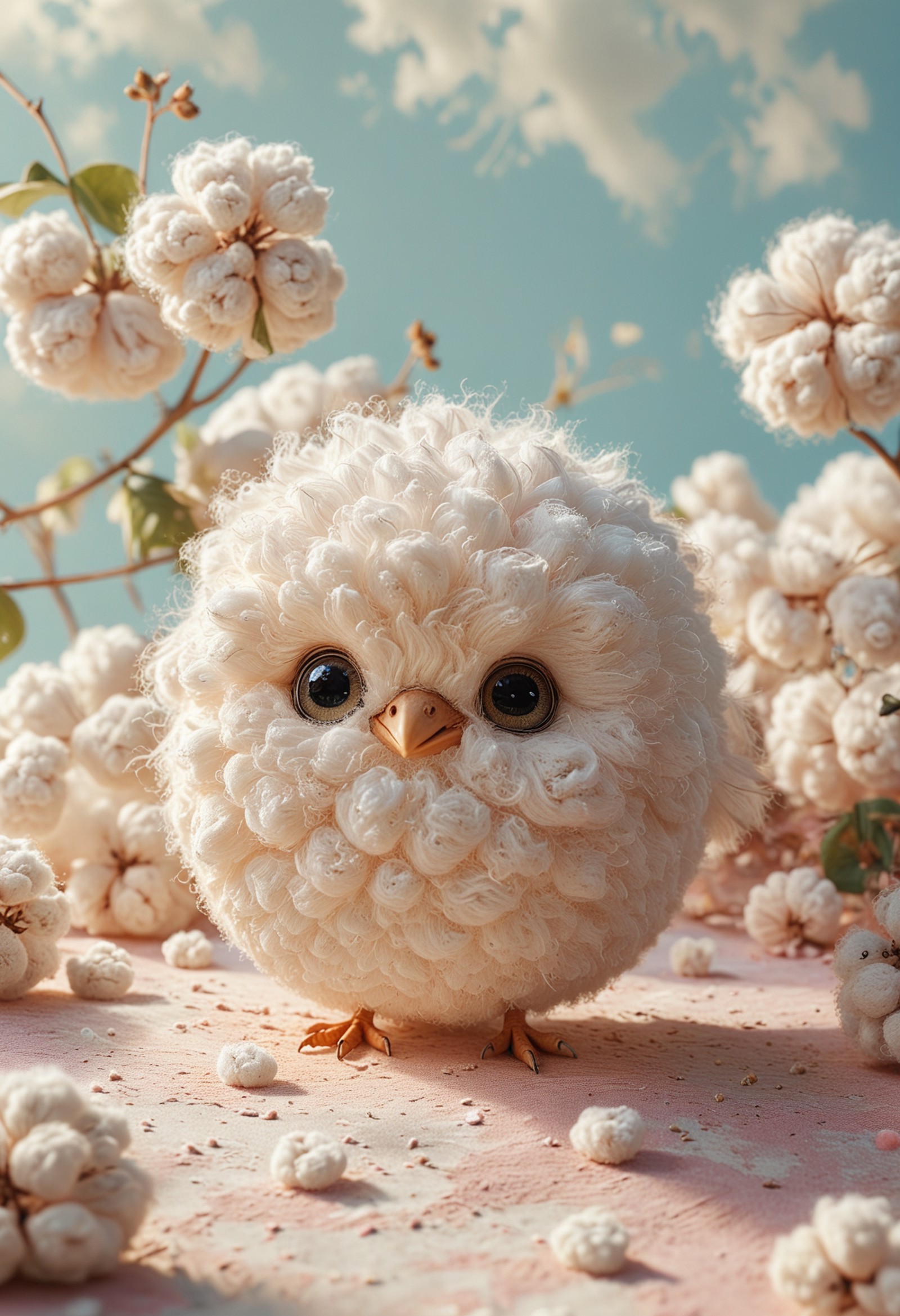 A small, fluffy chick surrounded by cotton-like flowers against a soft blue background. The chick resembles a miniature cloud, its large eyes and tiny beak add to its endearing quality. 