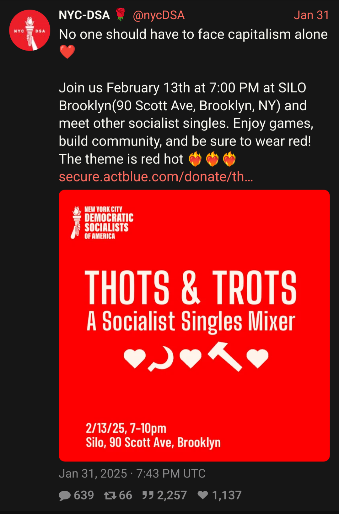 Tweet by NYC DSA advertising a singles mixer event called Thots & Trots