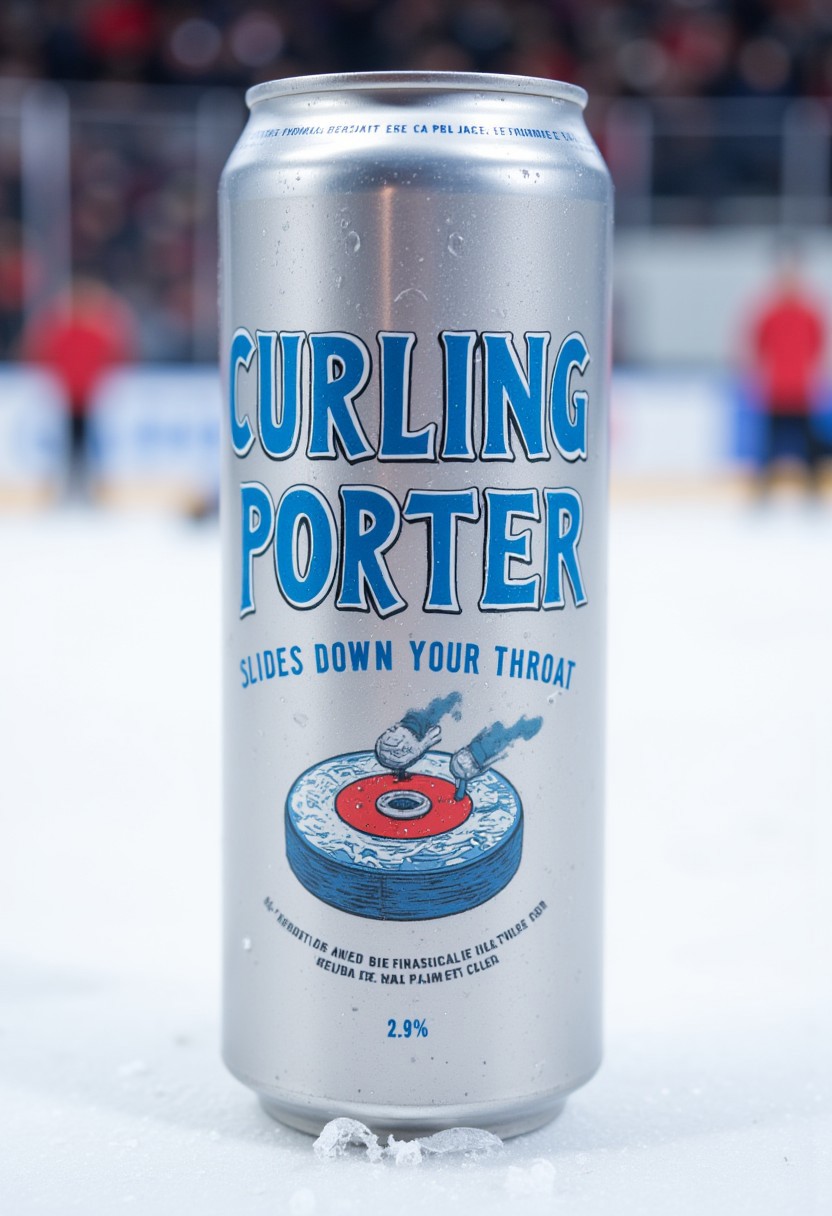 A single aluminum can of beer placed on an icy surface. The can is labeled ‘CURLING PORTER’ in large, bold letters at the top. Below the title, there’s an illustration of a curling stone with the phrase “slides down your throat” is printed above in smaller font, playfully alluding to both the smoothness of the drink and the action of curling stones sliding across ice. At the bottom of the label, there’s additional text including what appears to be alcohol content listed as “2.9%,”.